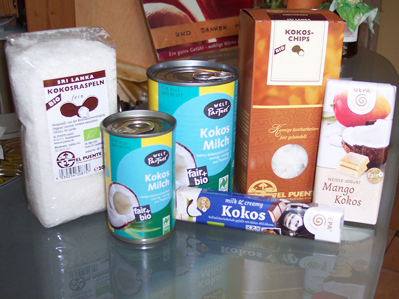 Fair gehandelte Kokoserzeugnisse.