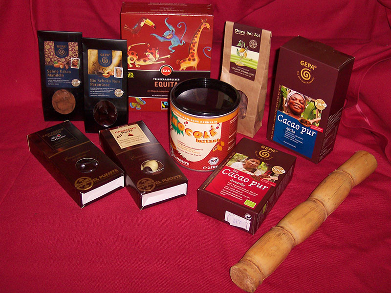 Fair gehandelte Kakao- und Confiserieerzeugnisse.
